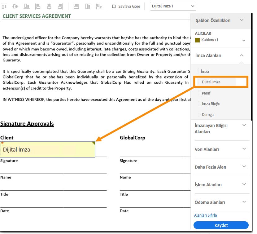 Belgeye bir dijital imza alanı ekleyin.
