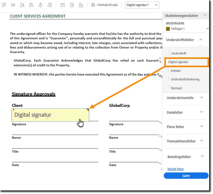 Opret et digitalt signaturfelt på dokumentet.