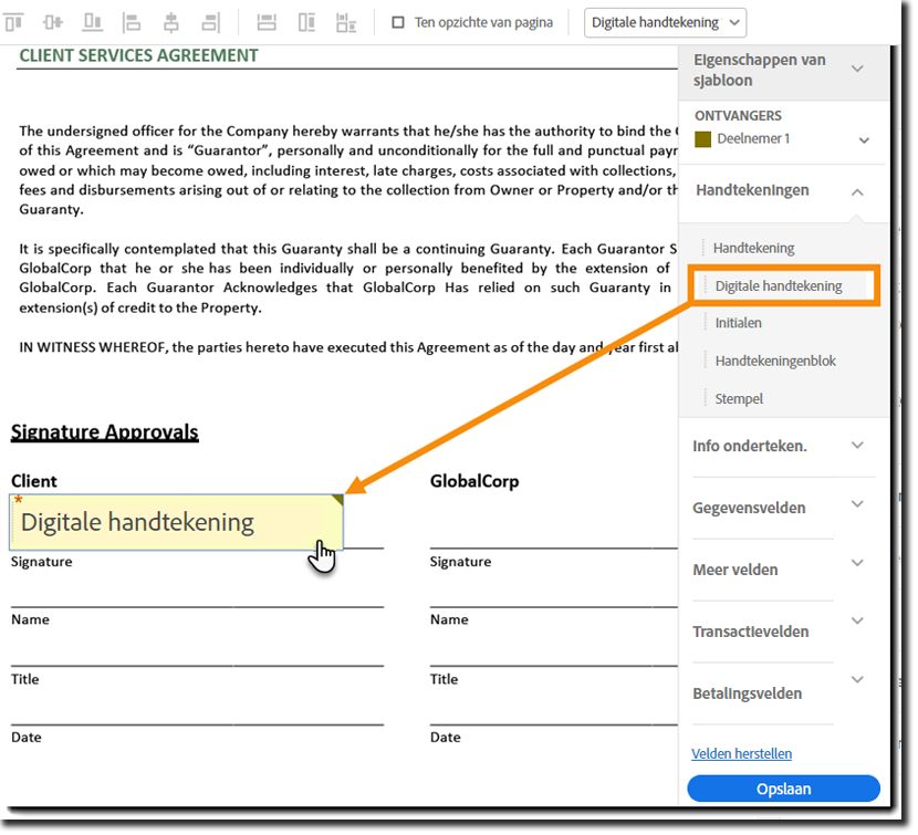 Voeg een veld voor digitale handtekeningen aan het document toe.