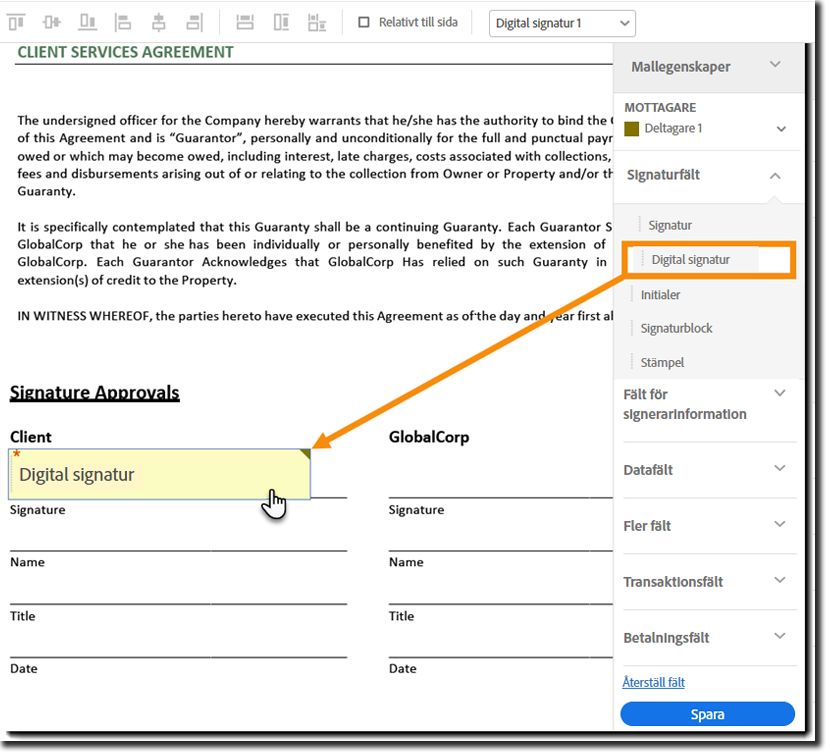 Skapa ett fält för digital signatur i dokumentet.