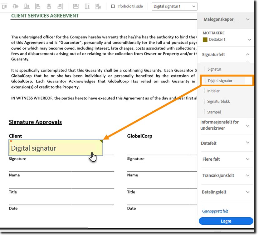 Forfatte et felt for digital signatur på dokumentet.