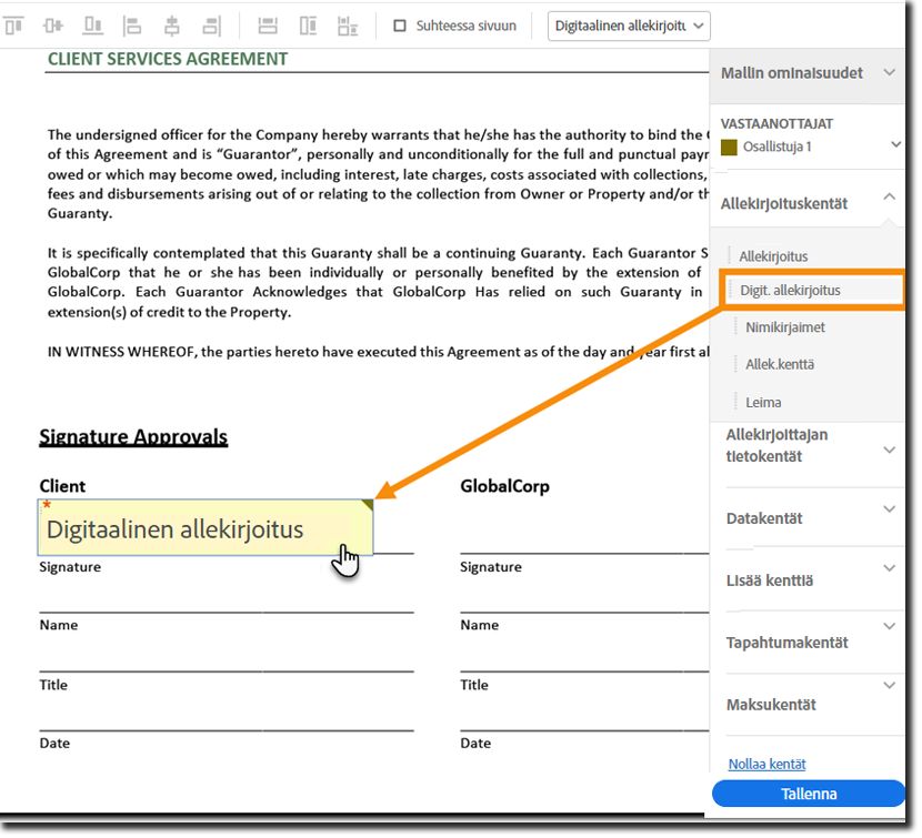 Luo asiakirjaan kenttä digitaalista allekirjoitusta varten.