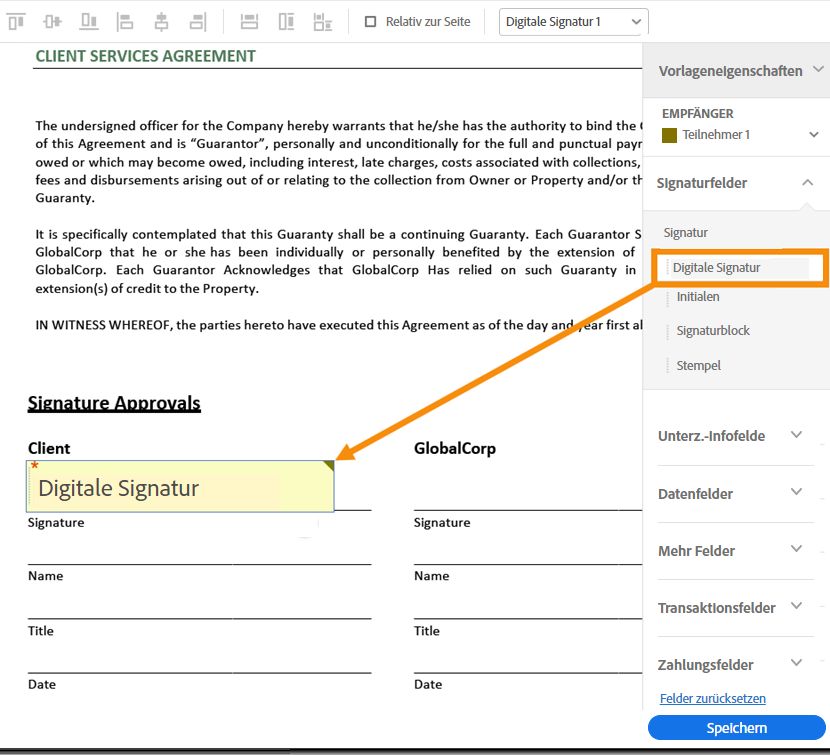 Erstelle ein Feld für digitale Signaturen im Dokument.