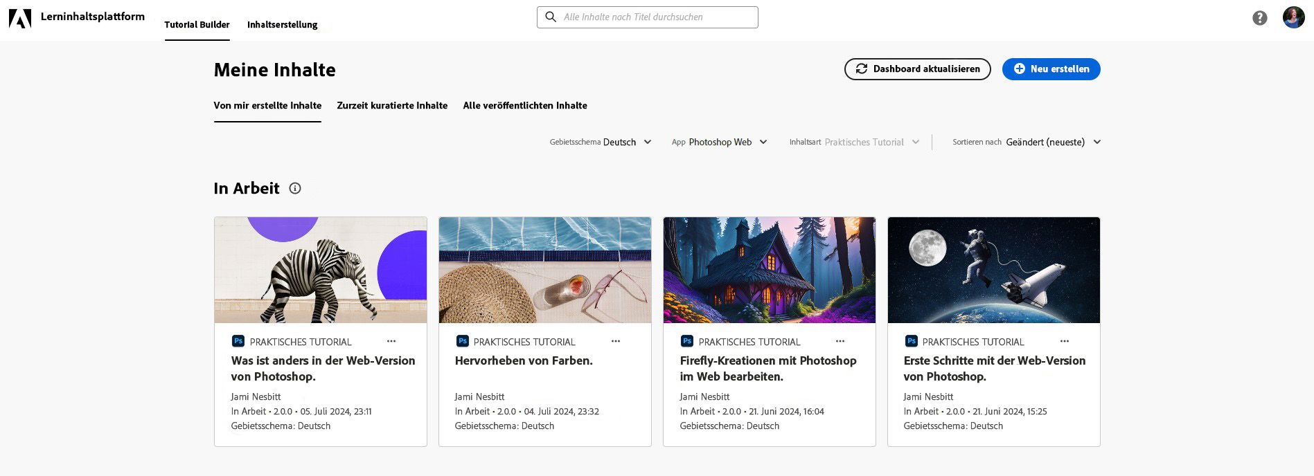 LCP-Dashboard – Ansicht „Meine Inhalte“