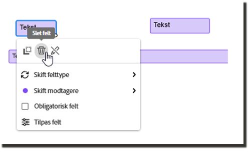 Oprettelsesmiljøet med et valgt felt, der viser sletteikonet