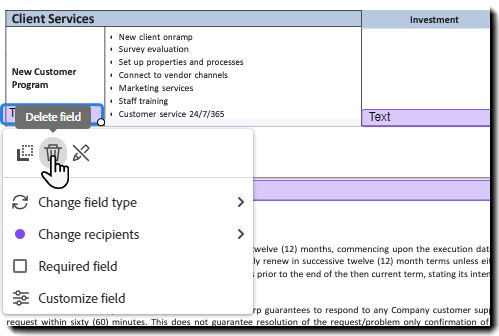 Ambiente di authoring con un campo selezionato e l’icona Elimina