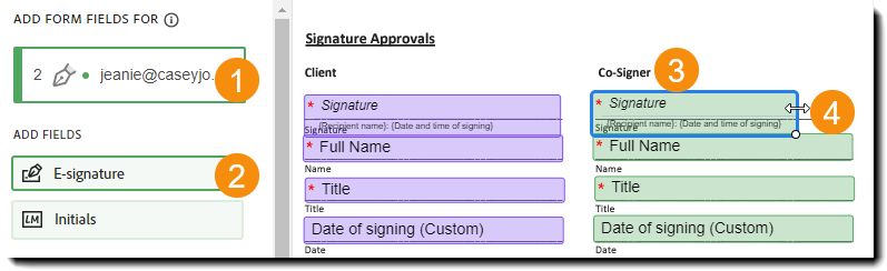 Environnement de création avec un champ de signature placé sur la ligne de signature