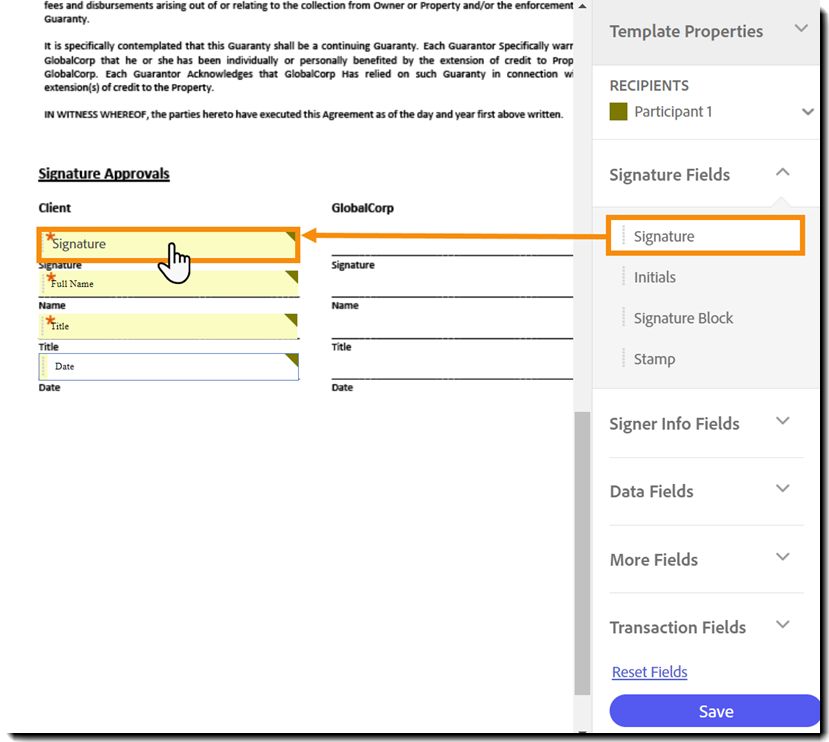 The template Authoring environment with the Signature field highlighted and placed on the form.