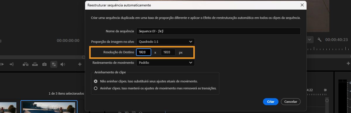 Caixa de diálogo do Reenquadramento automático mostrando os campos de Resolução de destino definidos paraa 1920 por 1920 pixels.