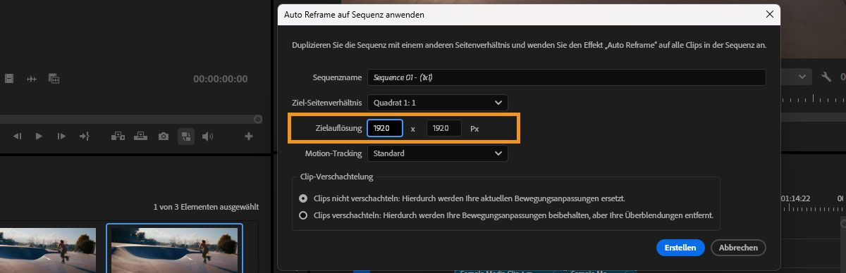 Dialogfeld „Auto Reframe“ mit den Feldern „Zielauflösung“, die auf 1920 x 1920 Pixel eingestellt sind.