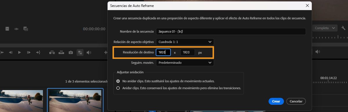 Cuadro de diálogo Encuadre automático que muestra los campos de Resolución de destino establecidos en 1920x1920 píxeles.