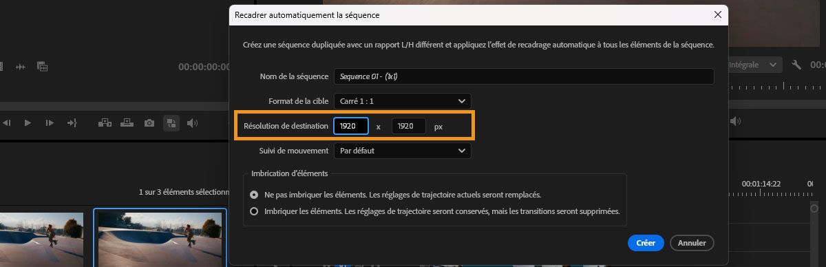 Boîte de dialogue Recadrage automatique affichant les champs de résolution cible définis sur 1920 par 1920 pixels.