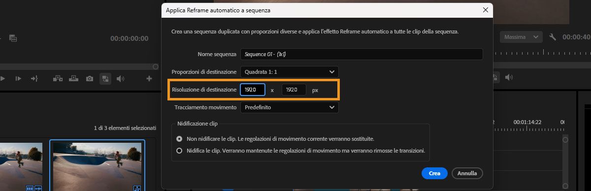 Finestra di dialogo Reframe automatico che mostra i campi Risoluzione target impostati su 1920 per 1920 pixel.