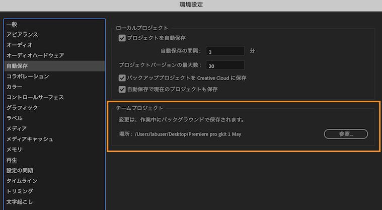 Team Projects の自動保存キャッシュを保存するローカルシステム上の場所を指定するための環境設定を示す UI。