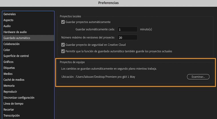 Preferencias de exhibición de IU para especificar una ubicación en el sistema local en la que se guardará la caché de guardado automático de Team Projects.