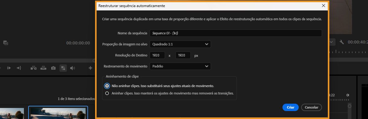 A caixa de diálogo Reenquadramento automático de sequência permite selecionar a proporção desejada e definir outras opções para reenquadrar a sequência.