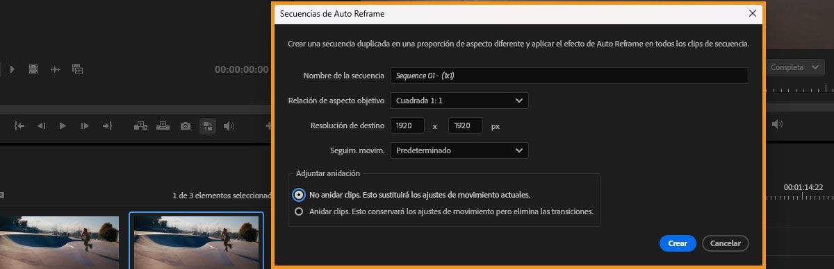Cuadro de diálogo Secuencia de Auto Reframe, donde puede seleccionar la relación de aspecto objetivo y establecer otras opciones para encuadrar su secuencia.