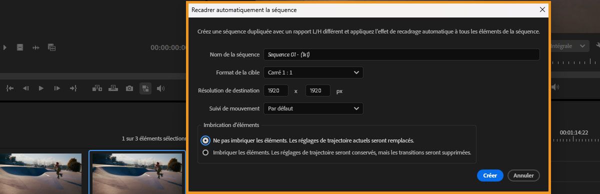 La boîte de dialogue Recadrer automatiquement la séquence où vous pouvez sélectionner le rapport L/H cible et définir d’autres options pour recadrer votre séquence.