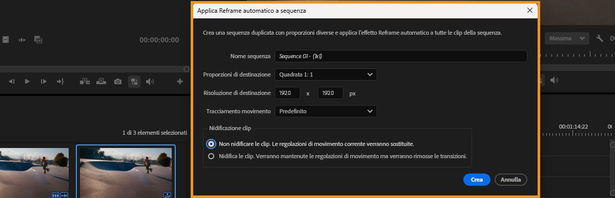 La finestra di dialogo Applica Reframe automatico a sequenza dove puoi selezionare le proporzioni target e impostare altre opzioni per ridefinire la tua sequenza.