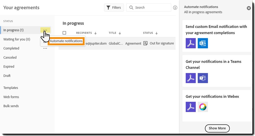 Página Administrar con la acción Automatizar notificaciones resaltada y el panel derecho que muestra los flujos sugeridos para elegir.