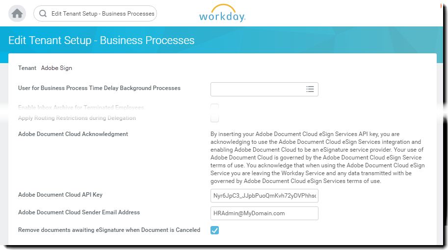 Los campos para la clave de integración de Adobe Sign