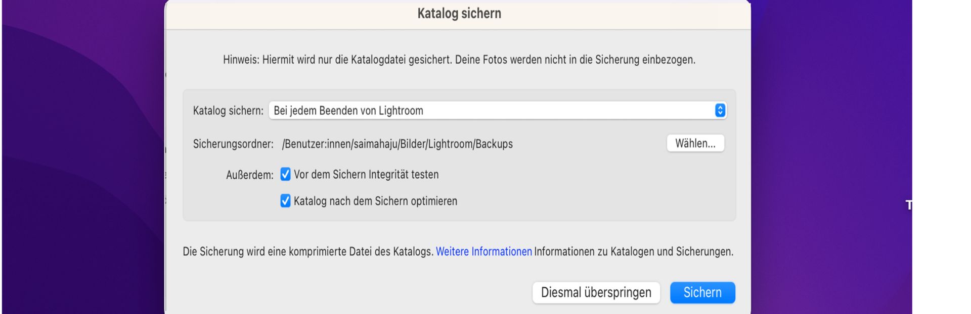 Das Dialogfeld „Sicherungskatalog“ in Lightroom Classic CC
