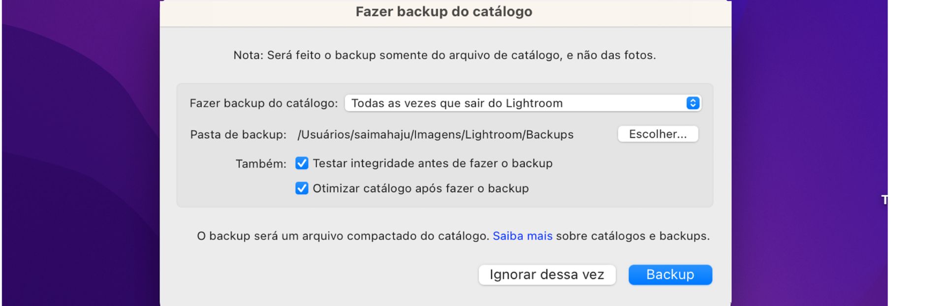 A caixa de diálogo Backup de catálogo do Lightroom Classic CC