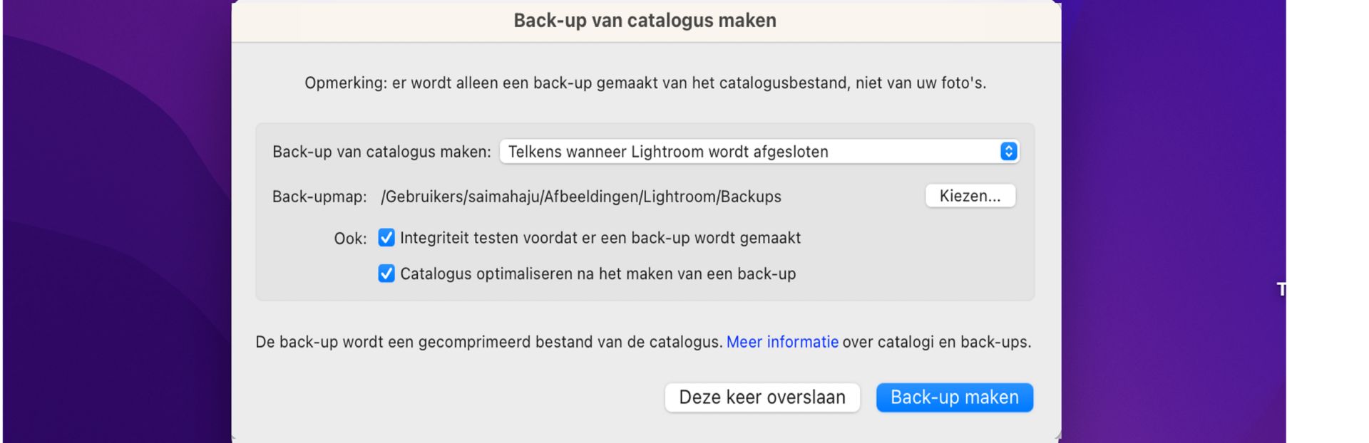 Het dialoogvenster Back-up van catalogus maken in Lightroom Classic CC