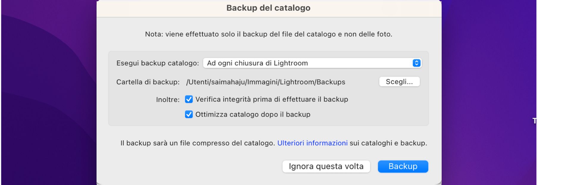 La finestra di dialogo Backup del catalogo di Lightroom Classic CC
