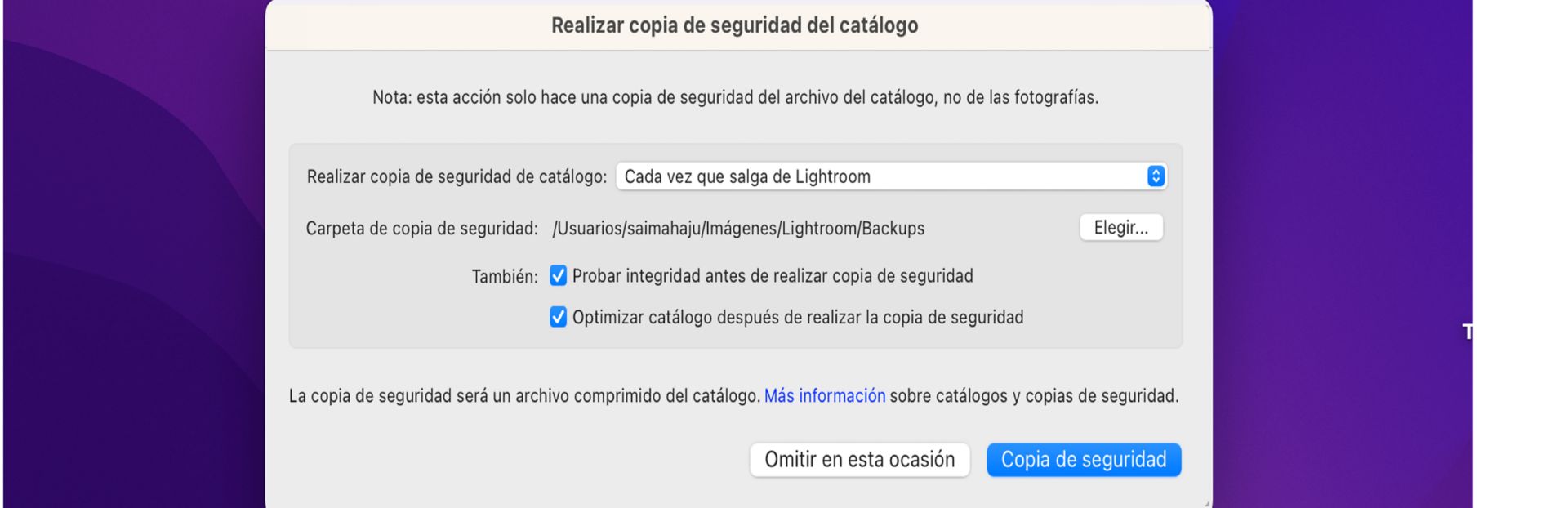 El cuadro de diálogo Realizar copia de seguridad del catálogo de Lightroom Classic CC