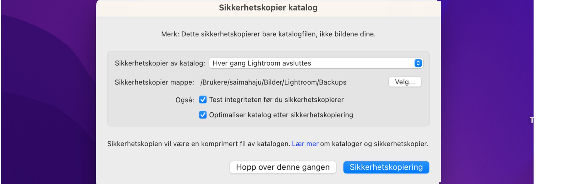 Dialogrute for Lag sikkerhetskopi av katalogen i Lightroom Classic CC