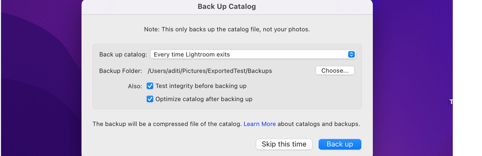 The Lightroom Classic CC Back Up Catalog dialog box