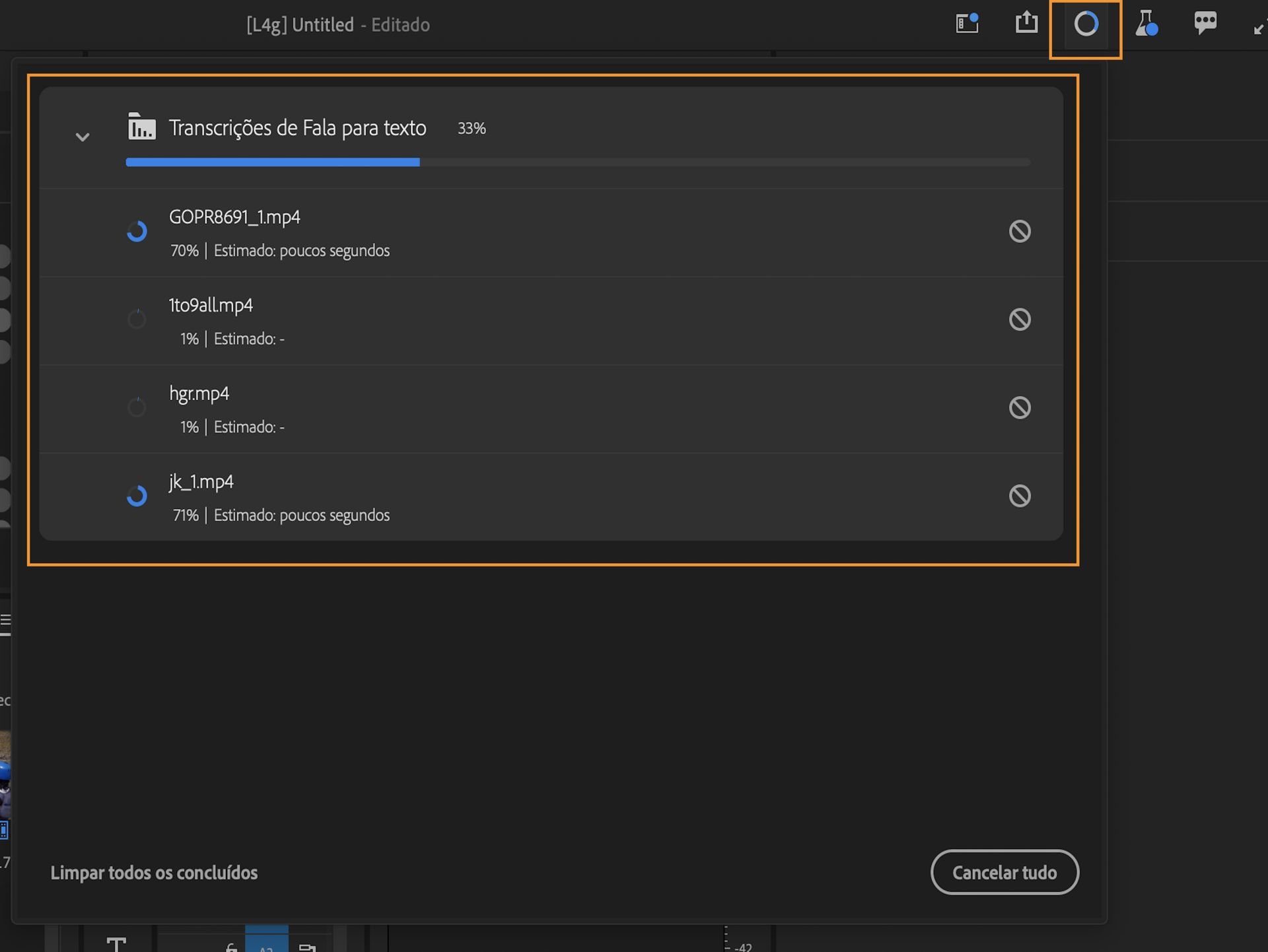 A interface mostra o painel Progresso que consolida diferentes tipos de progressos que ocorrem em todo o aplicativo.