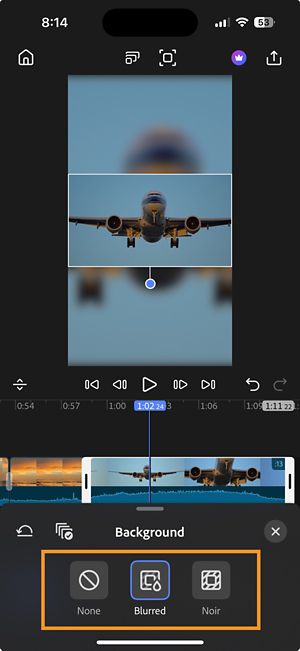 Background editing options in Premiere Pro mobile showing None, Blurred, and Noir styles.