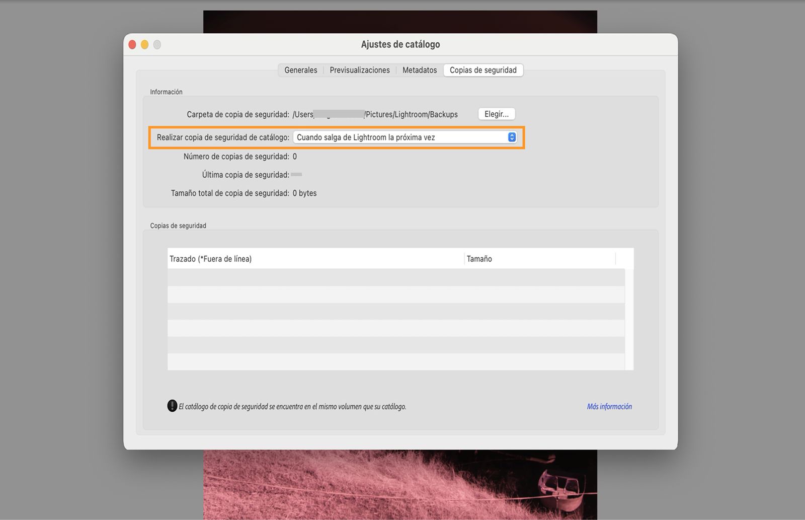 Realización de una copia de seguridad del catálogo cuando salga de Lightroom la próxima vez