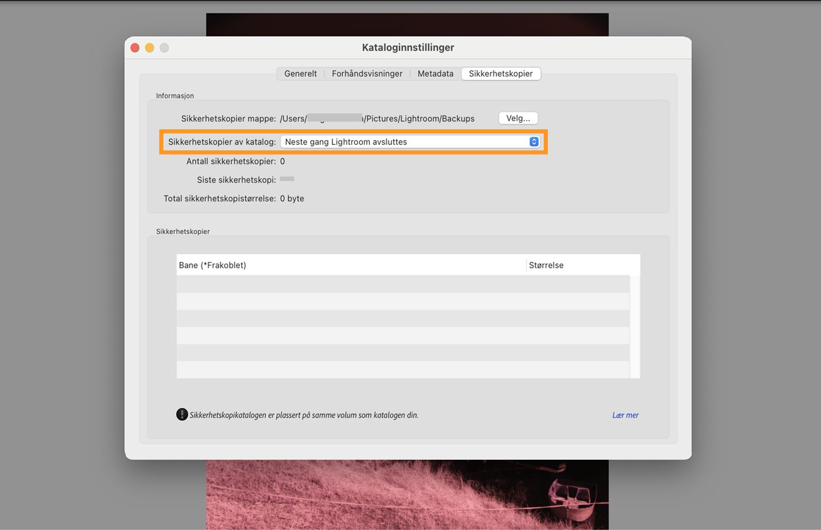 Lag en sikkerhetskopi av katalogen neste gang du avslutter Lightroom
