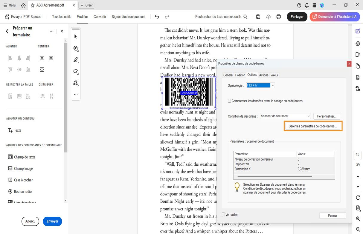 Boîte de dialogue Propriétés de champ de code-barres dans Acrobat affichant la symbologie, les conditions de décodage et les paramètres du scanner avec une option permettant de gérer les paramètres.
