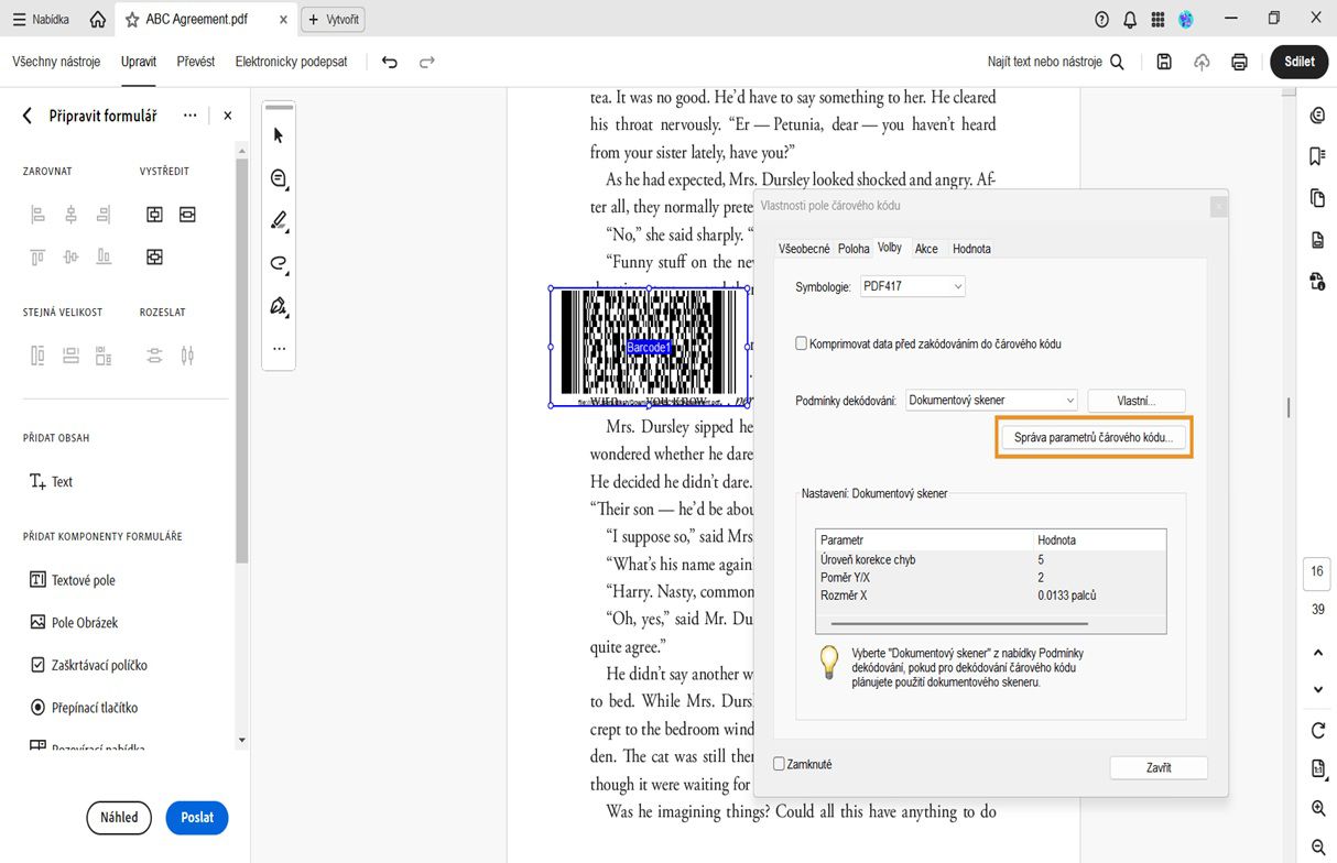 Dialogové okno Vlastnosti pole čárového kódu v aplikaci Acrobat zobrazující symbologii, podmínky dekódování a nastavení skeneru s možností správy parametrů.