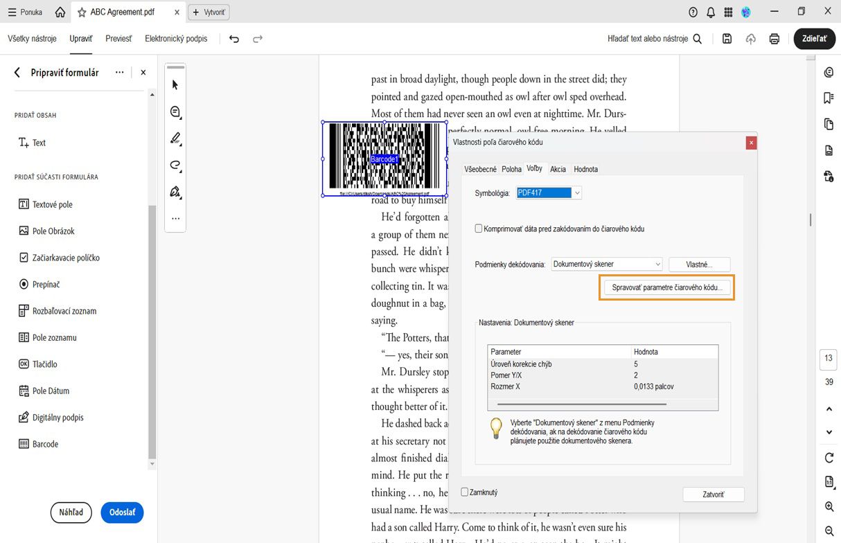 Dialógové okno Vlastnosti poľa čiarového kódu v programe Acrobat zobrazujúce symbológiu, podmienky dekódovania a nastavenia skenera s možnosťou spravovať parametre.
