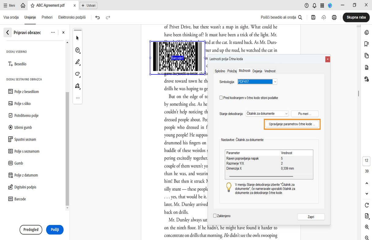 V pogovornem oknu Lastnosti polja s črtno kodo v programu Acrobat so prikazani simbologija, pogoji dešifriranja in nastavitve optičnega bralnika z možnostjo upravljanja parametrov.