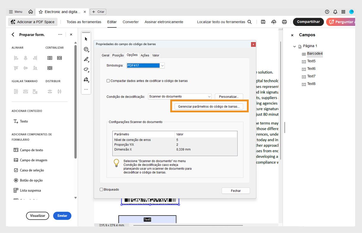 Caixa de diálogo Propriedades do campo de código de barras no Acrobat mostrando simbologia, condição de decodificação e configurações do scanner com opção para gerenciar parâmetros.