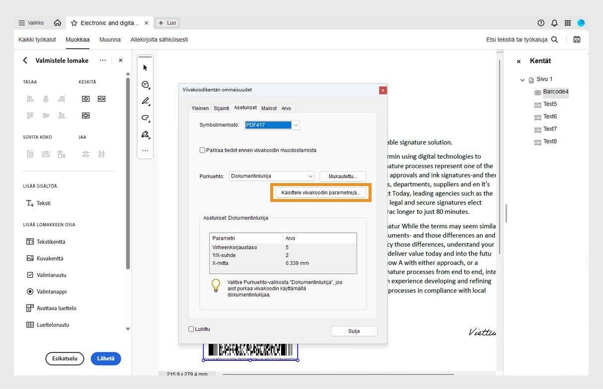 Acrobatin Viivakoodikentän ominaisuudet -valintaikkuna, jossa näkyvät symboliikka, dekoodausehto ja skannerin asetukset sekä mahdollisuus hallita parametreja.