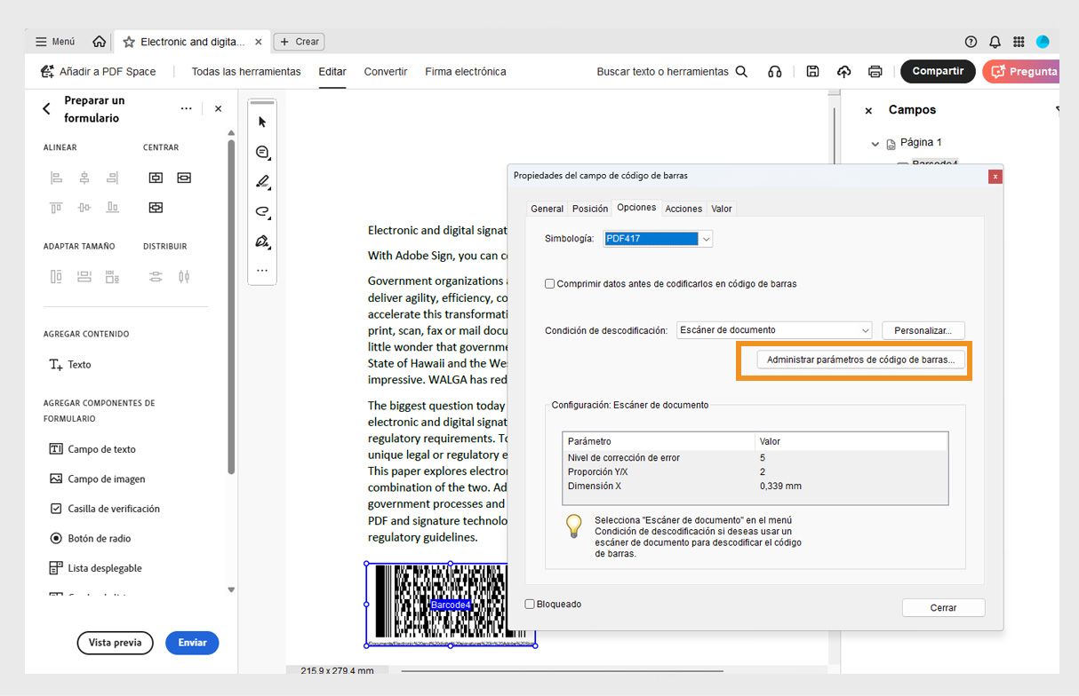 Cuadro de diálogo Propiedades del campo de código de barras en Acrobat que muestra la simbología, la condición de decodificación y la configuración del escáner con la opción de administrar parámetros.