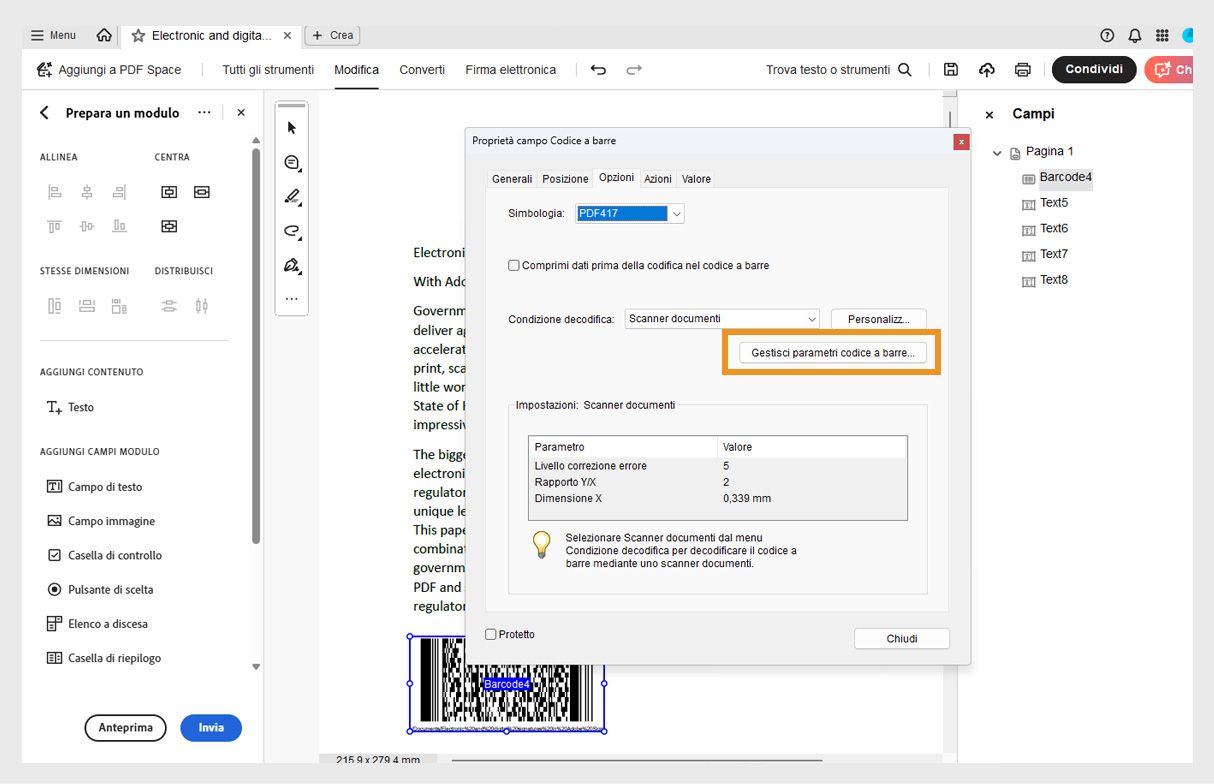 Finestra di dialogo Proprietà campo codice a barre in Acrobat che mostra simbologia, condizione di decodifica e impostazioni dello scanner con l’opzione per la gestione dei parametri.