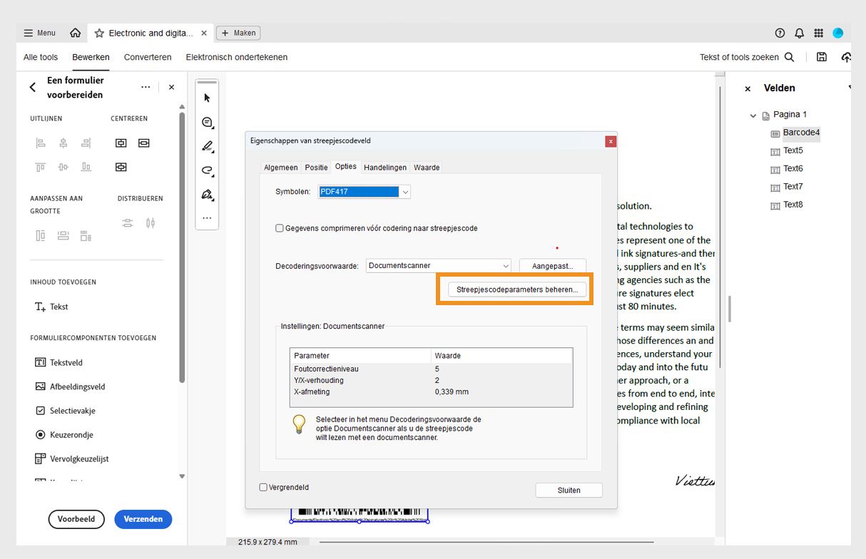 Dialoogvenster Eigenschappen van streepjescodeveld in Acrobat met symbologie, decodeervoorwaarde en scannerinstellingen met de optie om parameters te beheren.