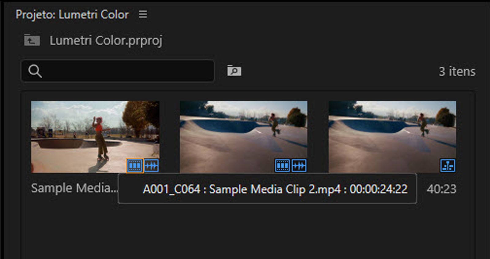 Ícone de vídeo azul mostrando todos os locais de sequência e timecodes para um clipe selecionado no painel Projeto.