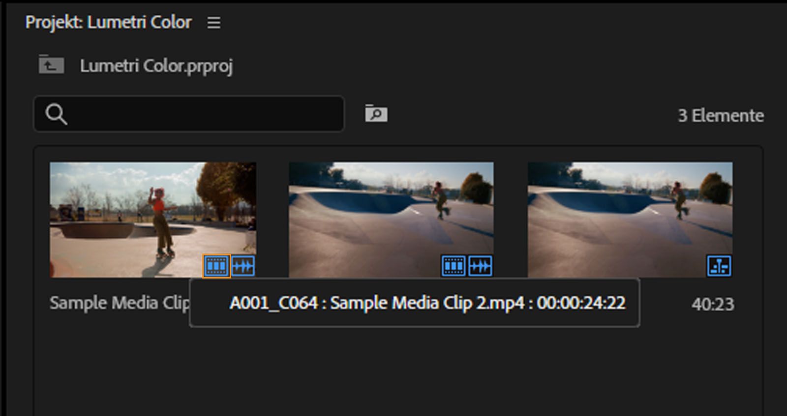 Blaues Video-Symbol, das alle Sequenz-Positionen und Timecodes für einen ausgewählten Clip im Projekt-Bedienfeld anzeigt.
