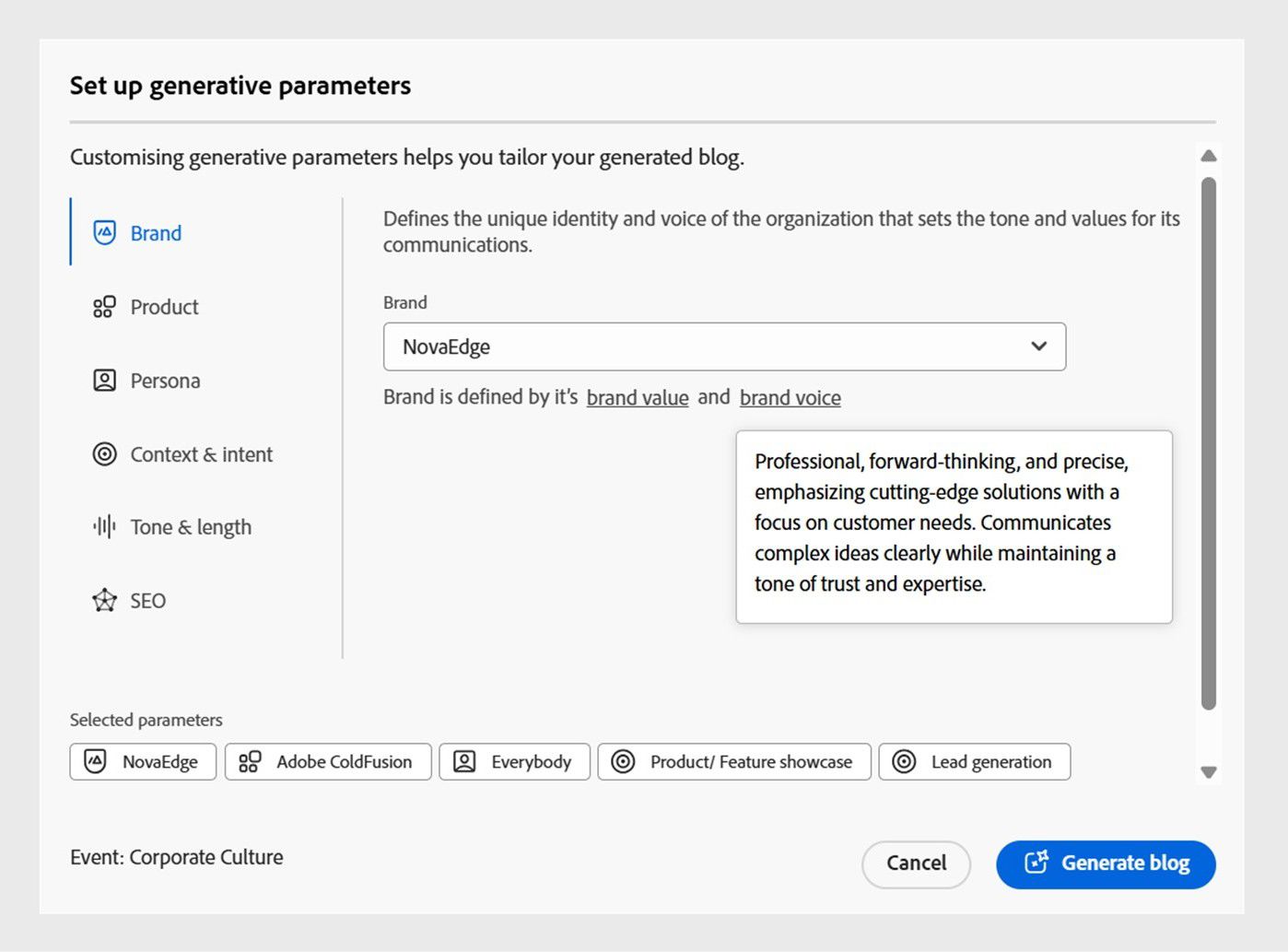 Set up brand parameters for the blog