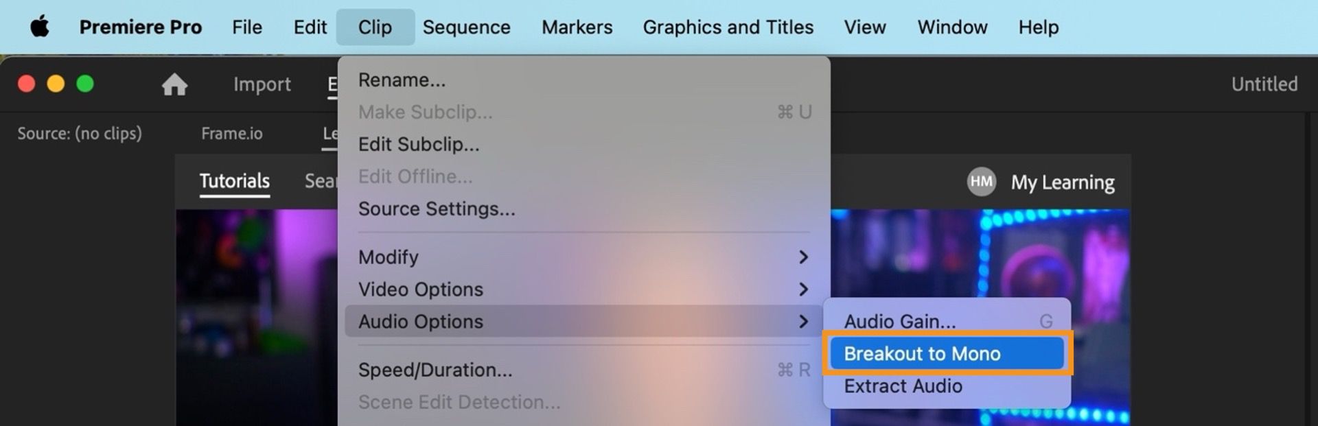 Opción Dividir en mono resaltada en el menú Clip > Audio Options en Premiere Pro.