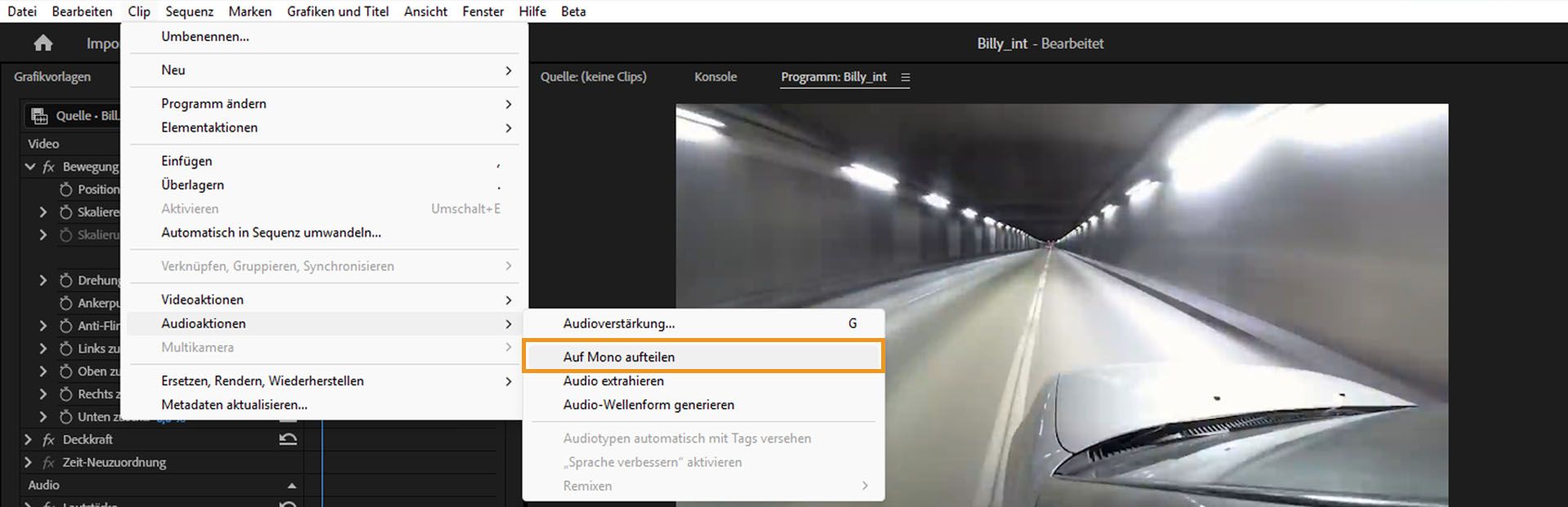 Die Option „Auf Mono aufteilen“ im Menü „Clip“ > „Audio-Option“ in Premiere Pro ist hervorgehoben.